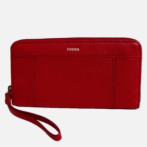 Fossil Jori RFID Leather Flap Clutch Wristlet Wallet Red